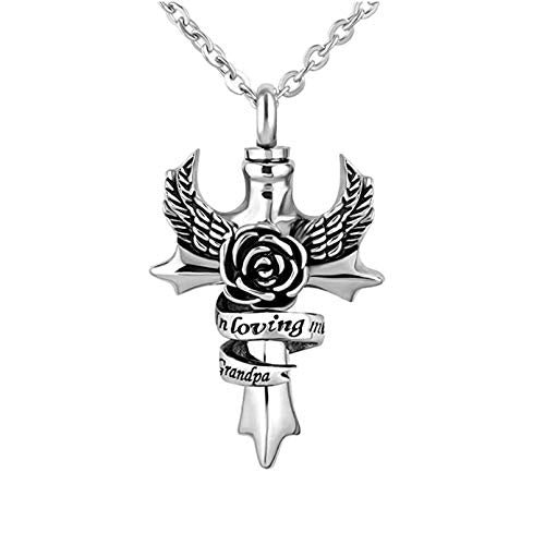 TGLS In Loving Memory Angel Wing Cross Urn Necklace for Mom Dad Grandma Human Ashes Family Members Memorial Keepsake Cremation Pendant Jewelry - style: Grandpa