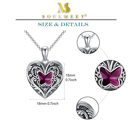 SOULMEET Personalized Butterfly Locket Necklace That Holds Up to 2 Pictures, Memorial Insects Silver Butterfly Photo Locket Custom Any Photo Healing Gift - color: H-Crystal Purple, style: Locket Necklace Only