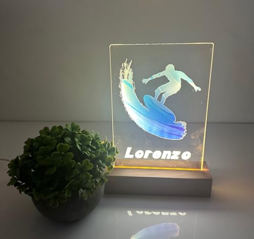 MIRROR MANIA Male Surfer Sports Fan Surf Boy Sports Themed Surf Lamp Wood Base Night Light LED Personalized Man Cave Decor, Made in America!