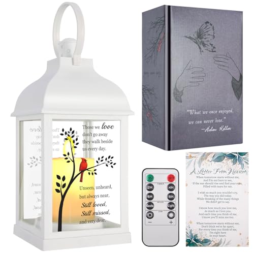 Memorial Lantern with Card - Sympathy Gift for Loss of Mom/Dad/Loved One, Bereavement Keepsake with Flickering Flame, Memory Lamp for Funeral Remembrance or Celebration (White) - color: White