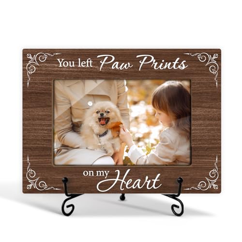 Wood Photo Frame Fits 4x6 Paws Memorial Picture Frame, Dog Picture Frames for Dogs That Passed Table Desk Shelf Decor Dog Lover Gift For Pet Owner -You Left Pawprints on my Heart -15