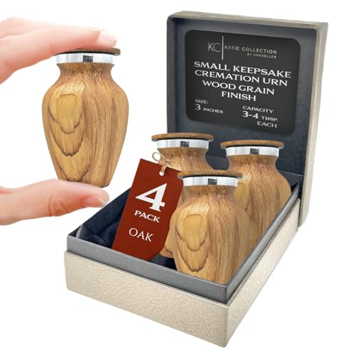 4 Pack Small Keepsake Urn for Human Ashes | Metal Wooden Oak Style | Mini Little Memorial Ash Container | Perfect Compact Tribute for Loved Ones | Male Female Man or Woman - color: 4 Oak
