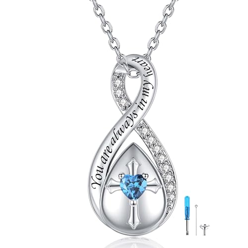 ZOEXUE Infinity Cross Cremation Jewelry - S925 Sterling Silver Cross Urn Necklace for Women - Birthstone Cross with Heart CZ Ashes Keepsake Pendant Memorial Urn Jewelry Gift for A Loss Loved Ones - color: blue