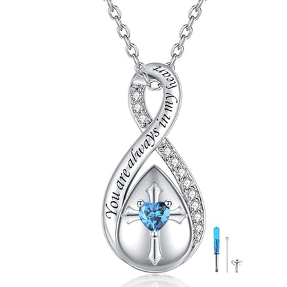 ZOEXUE Infinity Cross Cremation Jewelry - S925 Sterling Silver Cross Urn Necklace for Women - Birthstone Cross with Heart CZ Ashes Keepsake Pendant Memorial Urn Jewelry Gift for A Loss Loved Ones - color: blue