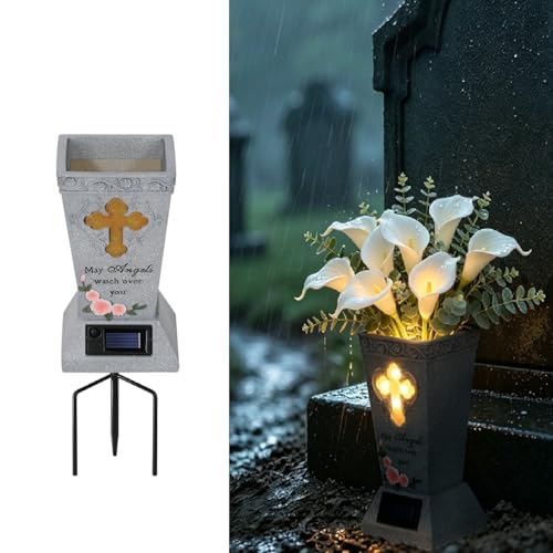 2 Pack Solar Cemetery Grave Vase with Spike, 14.3"x4.3" Angel & LED Cross | Removable Ground Stake for Headstone Flower Holder, Cemetery Decorations for Grave - size: 2 Pack