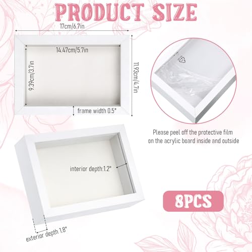 8 Pcs Shadow Box Frame, 4 x 6 Inch 3D Shadow Boxes Display Cases 1.2in Depth Picture Frame Case Wood Memory Display Cases for Dried Flowers DIY Craft Memorabilia Medals Photos(White) - color: White