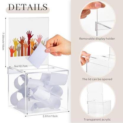 Bucherry 3 Pcs Acrylic Donation Box with Slot, 6 x 5 x 5 Inches Clear Ballot Suggestion Raffle Ticket Box with Sign for Fundraising, Raffle, Collecting, Donating, Voting - color: Clear