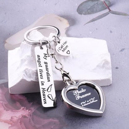 LQRI Sympathy Jewelry Loss of Mother Gift My Guardian Angel in Heaven I Call Her Mom Memorial Photo Frame Keychain