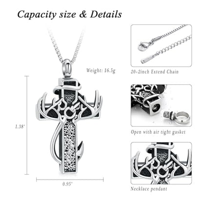 XSMZB Cross Cremation Jewelry Urn Necklace for Human Ashes Fish Hook Memorial Urn Pendant Deer Antler Cross Ashes Holder Keepsake Jewelry - color: Silver-Black