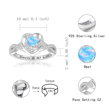 Sariel Heart Cremation Ring for Ashes - 925 Sterling Silver Opal Urn Keepake Rings Memorial Jewelry for Women - color: Blue