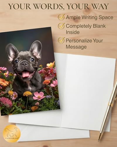French Bulldog Puppy with Flowers All Occasions Greeting Card - Dog with Flowers from Unique Dogs Party Delights Collection - Large 5x7 Inch - Blank Inside with A7 Invitation Style White Envelope - color: French Bulldog Puppy with Flowers