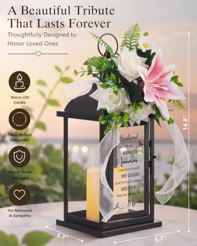 Memorial Lantern with Flower, Sympathy Gift for Loss of Husband, Bereavement Condolence Gift in Memory of Beloved Husband - color: Husband/Black