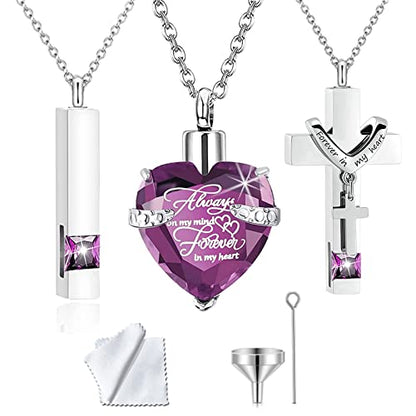 weikui 3 Pieces Heart Cross Cubic Urn Necklace for Ashes for Men Women Cremation Jewelry Crystal Memorial Locket Ashes Pendant Family Keepsake Sharing Jewelry Set - color: 3 Silver Pendants - Purple