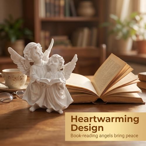 Pair of Angel Cherubs Reading Book, Resin Home Garden Decor - color: Angels