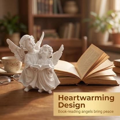 Pair of Angel Cherubs Reading Book, Resin Home Garden Decor - color: Angels