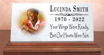 Broad Bay Loved One Memorial with Picture Celebration of Life Memorial Plaque Custom Photo Marble Remembrance - Your Wings were Ready But Our Hearts were Not 8" x 4"' - color: Your Wings Were Ready