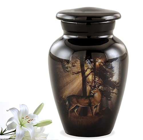 Gone Hunting Deer Keepsake Urn with Sunrays – Majestic Buck Mini Memorial Urn for Human Ashes – Handcrafted Sharing Token Funeral Urn with Velvet Bag & Funnel (Keepsake) - size: Keepsake
