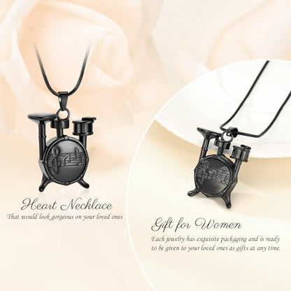 Memorial Cremation Jewelry for Ashes Music Drum Set Shaped Urn Necklaces for Human Dog Cat Keepsake Pendant Jewelry with Fill Kit - color: Black