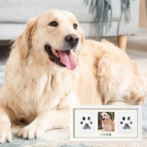 Paw Print Frame Kit for Dog Cat & Baby, Extra Large Wooden Memorial Frame, Inkless Pad & Soft Clay Impression Kit with Tool, Black (White) - color: white