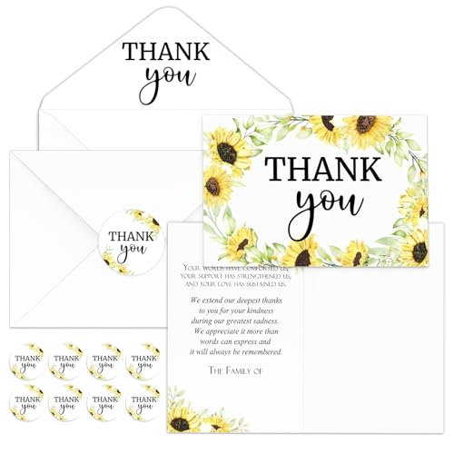 Marspark 25 Pack Sympathy Thank You Cards for Funeral with Envelopes Sticker and Message Memorial Bereavement Postcards for Loved Ones Family Friends Celebration of Life(Sunflower) - style: Sunflower