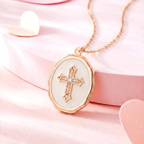 18K Gold Cross Locket Necklace for Women Holds Photo Necklace with Personalized Picture Necklaces Pendant 18 Inch Birthday Mother's Day for Women - color: Rose Gold Cross