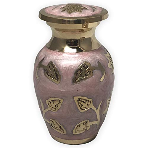 Pink Garden Brass Keepsake Cremation Urn | Unique Brass Funeral Urn with Gold & Pink Enamel Details | Keepsake - size: Keepsake