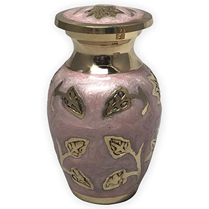 Pink Garden Brass Keepsake Cremation Urn | Unique Brass Funeral Urn with Gold & Pink Enamel Details | Keepsake - size: Keepsake
