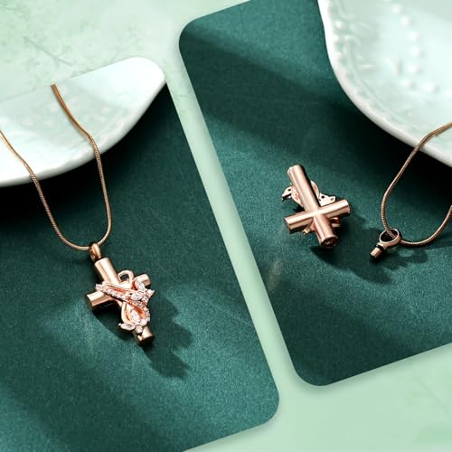 Butterfly Cross Cremation Jewelry Urn Necklaces Stainless Steel Cross Urn Necklaces for Ashes Memorial Keepsake Pendant for Women Gifts With Funnel Kit & Bag - color: Rose+White