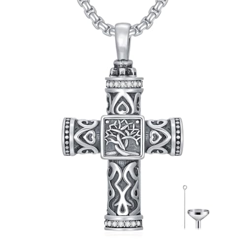 925 Sterling Silver Urn Necklace for Ashes, Teardrop/Tree of Life/Sunflower/Dragonfly/Sea Turtle/Celtic Knot/Elephant/Hummingbird Memorial Cremation Pendant Necklaces for Animal Human Ashes - color: A1: Tree of life-Cross