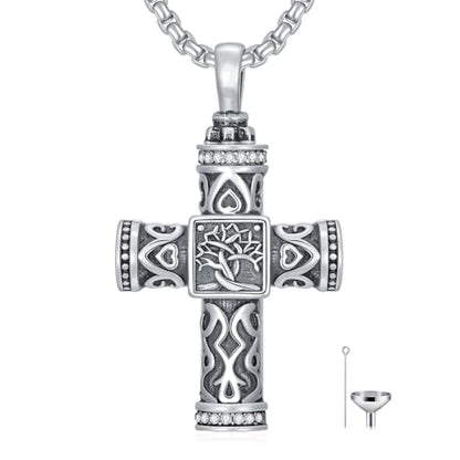 925 Sterling Silver Urn Necklace for Ashes, Teardrop/Tree of Life/Sunflower/Dragonfly/Sea Turtle/Celtic Knot/Elephant/Hummingbird Memorial Cremation Pendant Necklaces for Animal Human Ashes - color: A1: Tree of life-Cross