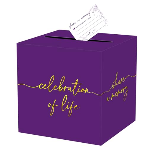 QISOLIY Purple Celebration of Life Card Box with Gold Lettering, Share a Memory Funeral Card Box for Memorial Service, Remembrance Table Decor, Memory Box for Sympathy Condolence Messages - color: Purple Gold Box