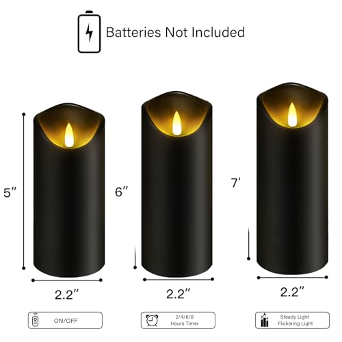kakoya Flickering Flameless Candles, Battery Operated Plastic LED Pillar Candles with Remote Control and Timer, Set of 9 (Black) - color: Black