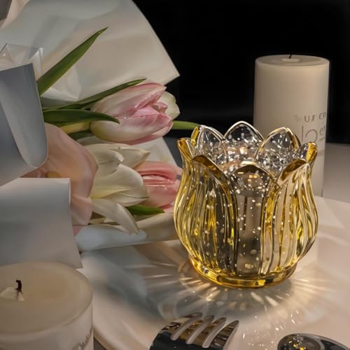 Tulip Votive Candle Holders Set of 12, Tea Light Candle Holder Glass for Table Centerpiece, Tealight Candle Holders for Wedding Déco, Birthday, Anniversary, Parties, and Holiday (Glod) - color: Glod - Set of 12