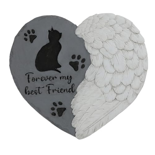 Landoraloria Cat Memorial Stone 10” Heart with Wings Outdoor Pet Grave Marker Cement Garden Remembrance Stone Sympathy Gift for Loss of Cat Angel Paw Design