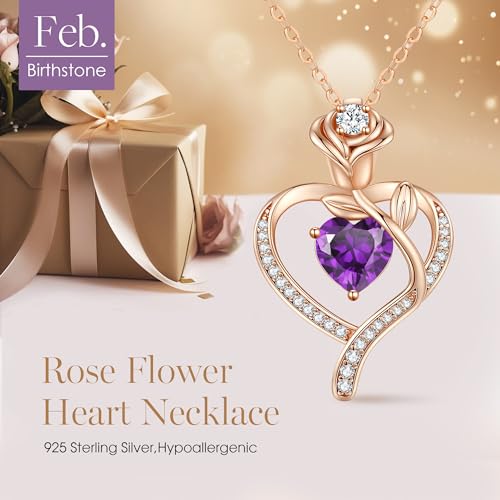 925 Sterling Silver Rose Love Heart Birthstone Necklaces for Women Jewelry | Hypoallergenic Nickel-Free & Lead-Free Pendant,Birthday Anniversary Christmas Gift for Women Wife Mom Girlfriend - color: Rose Gold-02-Feb