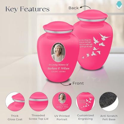 Geturns Embrace Adult Personalized Doves Cremation Urns for Human Ashes I Large Picture Bright Pink Funeral Urn for Adult Men and Women with Double Side Engraving I 200 lbs - color: _Bright Pink (Double Sided)