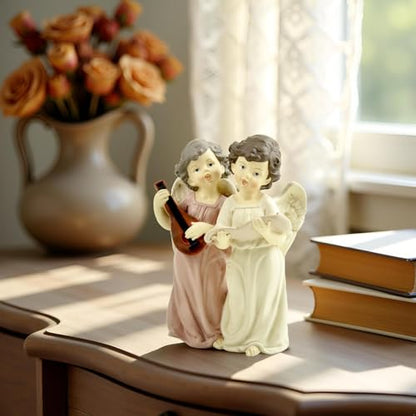 Musical Angel Duo Figurine, Singing and Playing Angels, 6.3 Inch | Hand-painted resin angel choir figurine for tabletops, Christmas displays and music rooms; a meaningful gift for women - color: Singing and Instrument Angel