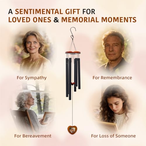 Memorial Wind Chimes with Wooden Photo Frame, 32 Inch Sympathy Windchime Outdoors for Loss of Loved One, Personalized Berevement/Memorial Gifts for Loss of Mother, Father, Husband, Friend, Pet