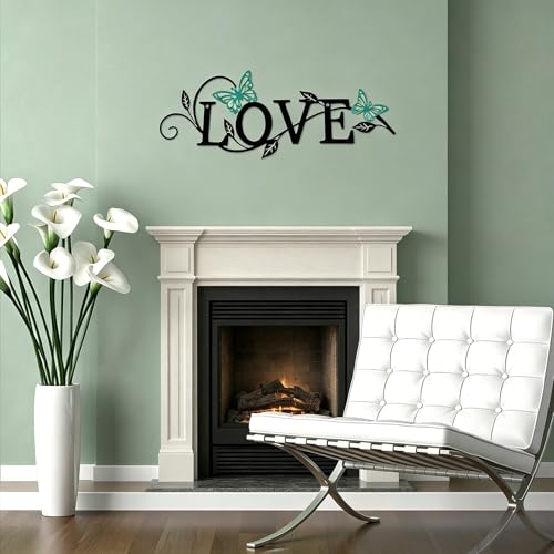 Metal Butterfly Love Sign Wall Decor Metal Black Love Word Sign Rustic Home Letter Ornament Cutout Teal Bedroom Decor for Home Office Living Room Hanging Wall Decorations 14 x 5 Inch