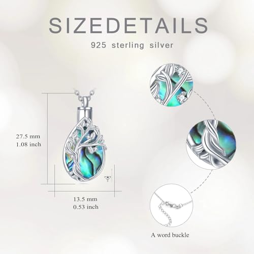 Diamond Tree of Life Urn Necklace for Ashes 925 Sterling Silver Family Tree of Life Cremation with Funnel Filler Ash Holder Keepsake Memorial Jewelry Gifts for Women,18+2 inch - style: Style 1-Abalone Shell