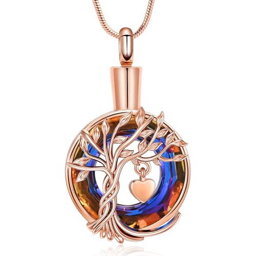 Hearbeingt Teardrop Urn Necklaces for Ashes Tree of Life Memorial Locket - color: Tree of Life-Rose Gold Colorful