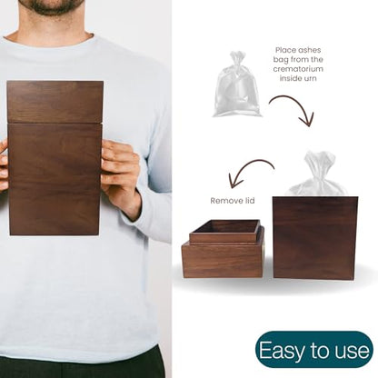 Walnut Wood Cremation Urns for Human Ashes | Large 200 lb Capacity Memorial Box | Handmade Keepsake Urn with Bag & Engraving Plaques |