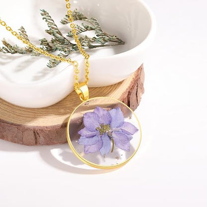 AUNTESIGN Forget-Me-Not and Queen Anne's Lace Pressed Wildflower Necklace | Birth Month Flowers Necklace | Gold/Silver Pressed Flower Jewelry | Mother's Day | Gift For Her - color: Larkspur Necklace(July Birth Flower)