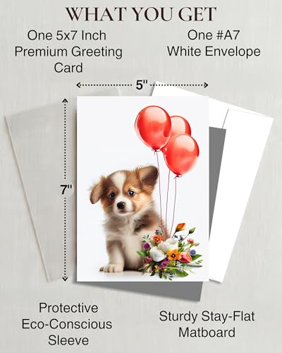 Puppy with Red Balloons and Flowers All Occasions Greeting Card from Unique Dogs Party Delights Collection Large 5x7 Inch Blank Inside with Envelope | 5x7 Inch Card, Blank Inside, Premium Silk Cardstock, Made in USA by USA-Based Pet Friendly Small Busines