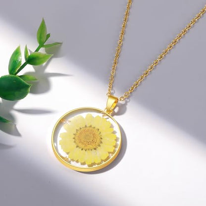 AUNTESIGN Forget-Me-Not and Queen Anne's Lace Pressed Wildflower Necklace | Birth Month Flowers Necklace | Gold/Silver Pressed Flower Jewelry | Mother's Day | Gift For Her - color: Marigold Necklace (October Birth Flower)