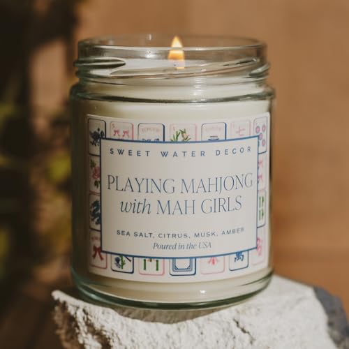 Sweet Water Decor Mahjong Candle, Mahjong Gifts for Women, 9oz Jar with Gold Lid, 40 Hour Burn Time, Non-Toxic Soy Wax Candle Scent Notes of Sea Salt, Citrus, Musk & Amber, Unique Game Night Decor - style: Mahjong