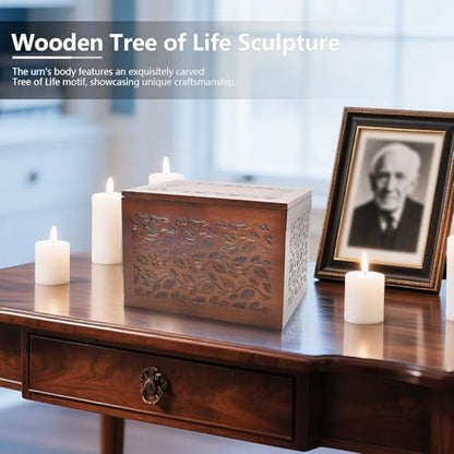Cremation Urn Adult Human Ashes, Wooden Tree of Life, Brown | Holds up to 250 lbs, Urns Box and Casket for Men Women, Dimensions: 9.45"(L) x 5.9"(W) x 7.1"(H) - color: Vin