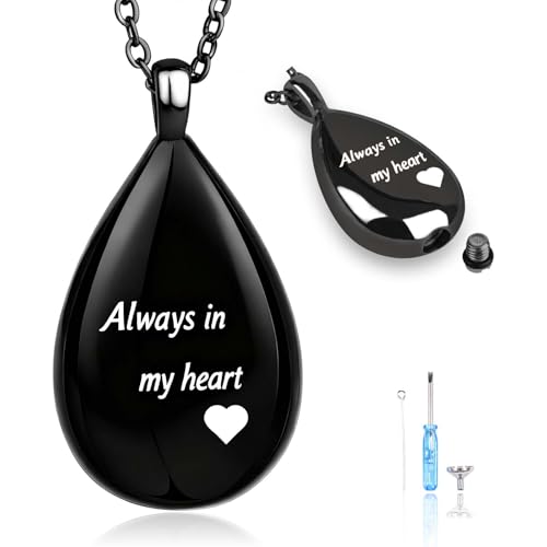 Cremation Necklace for Ashes, Cremation Jewelry Locket for Stainless Steel Teardrop Shape Urn Necklaces for Ashes Keepsake Memorial Pend with Profound Implications for Women Men - color: Black-7