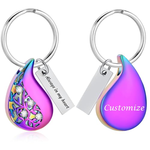 Cremation Keychain for Ashes Always In My Heart Urn Pendant for Women Men Teardrop Cremation Jewelry Memorial Urn Keepsake Key Ring for Human Pet Ashes Holder -Customized - color: Customized