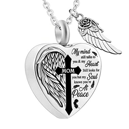 Heart Urn Necklaces for Ashes Cross Angel Wings Cremation Jewelry Keepsake Memorial Pendant for Men Women - style: Mom